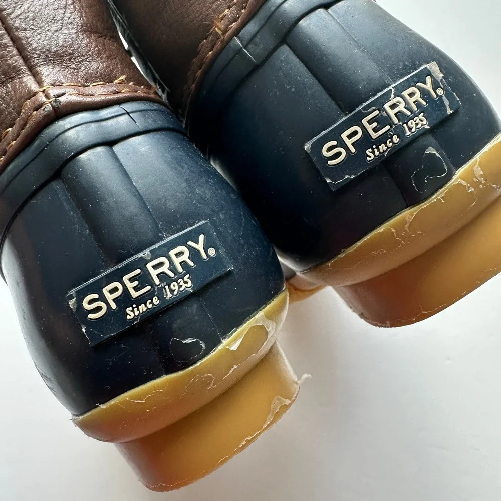 Sperry Girls Saltwater Duck Boots Navy Brown Side Zip YG55203 Size 5M